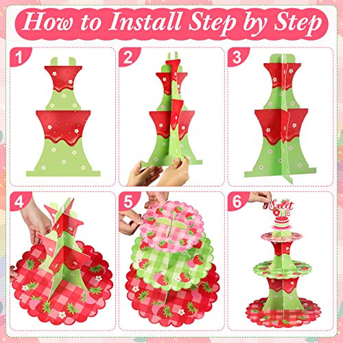 Rtteri 3 Tier Strawberry Themed Party Cupcake Stand Decorations Berry First Birthday Cupcake Holder Decor Summer Fruit Dessert Tower for Kids Girl Baby Shower Sweet 1st Birthday Party Supplies