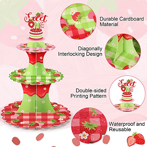 Rtteri 3 Tier Strawberry Themed Party Cupcake Stand Decorations Berry First Birthday Cupcake Holder Decor Summer Fruit Dessert Tower for Kids Girl Baby Shower Sweet 1st Birthday Party Supplies