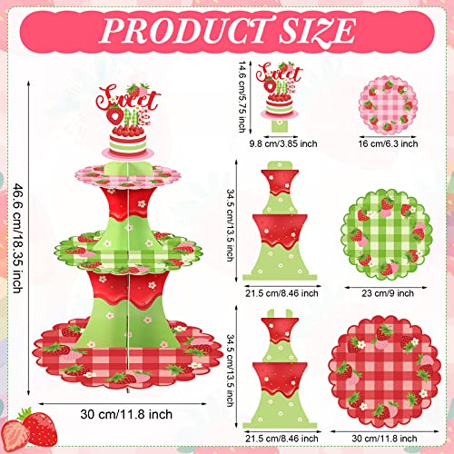 Rtteri 3 Tier Strawberry Themed Party Cupcake Stand Decorations Berry First Birthday Cupcake Holder Decor Summer Fruit Dessert Tower for Kids Girl Baby Shower Sweet 1st Birthday Party Supplies