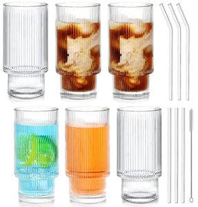 mitingka ribbed glassware, ribbed glasses 12oz, ribbed glass cups with straws, vintage glassware fluted glassware, drinking glasses set of 6, iced coffee cup for cocktail, decor, gift
