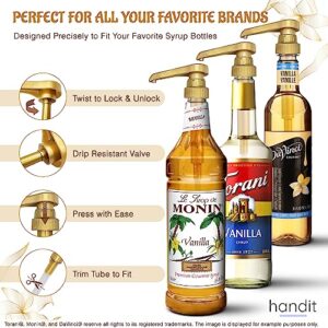 HANDIT - Gold Coffee Syrup Pumps | Fits Liter 750ml / 25-4oz Syrups Torani, DaVinci, Jordan's Skinny and Monin 33.8oz Plastic Bottles | 4-Pack