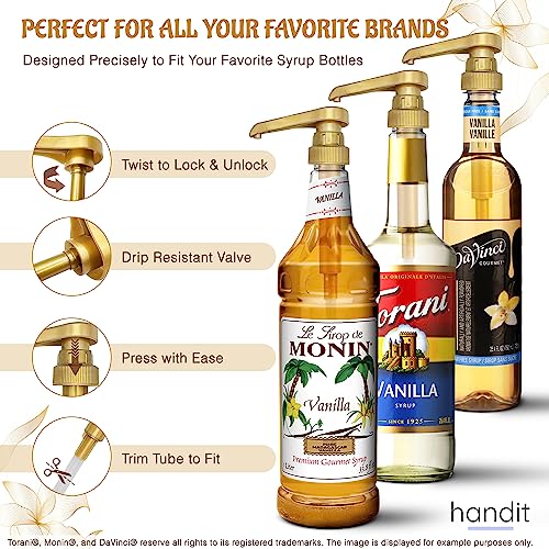 HANDIT - Gold Coffee Syrup Pumps | Fits Liter 750ml / 25-4oz Syrups Torani, DaVinci, Jordan's Skinny and Monin 33.8oz Plastic Bottles | 4-Pack