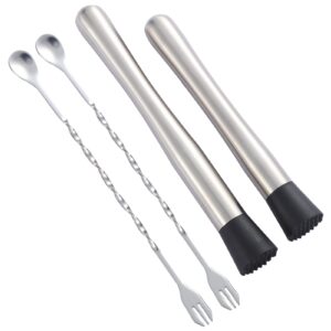 10 inch & 8 inch stainless steel cocktail muddler with 2 mixing spoon, home bar tool set, for making & creating delicious mojitos, & other fruit based drinks & beverages in various containers