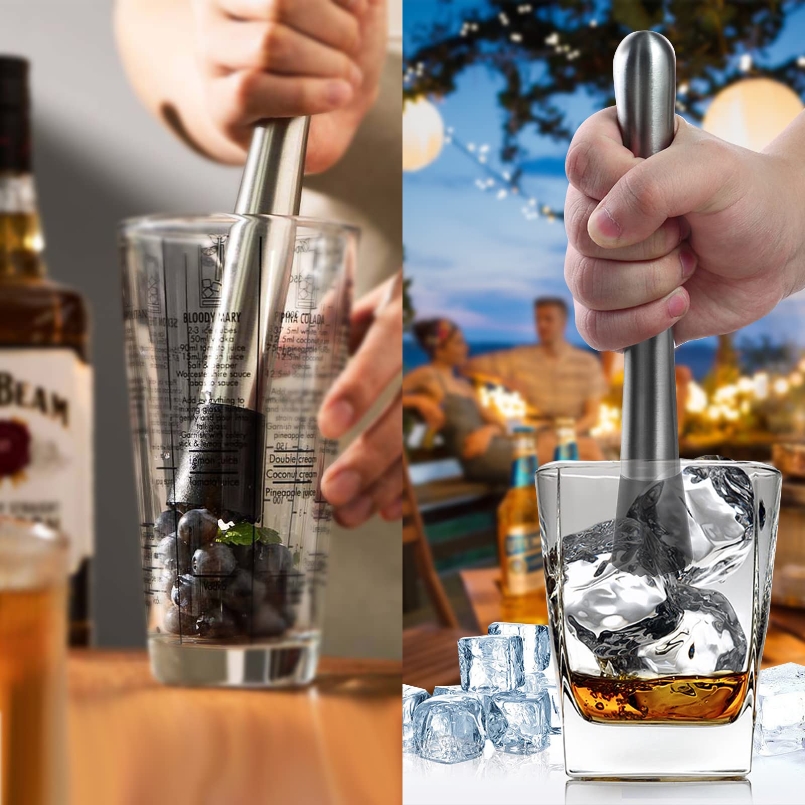 10 inch & 8 inch Stainless Steel Cocktail Muddler with 2 Mixing Spoon, Home Bar Tool Set, for Making & Creating Delicious Mojitos, & Other Fruit Based Drinks & Beverages in Various Containers
