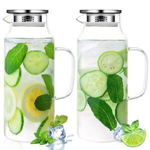 2 pcs glass pitcher water pitcher with lid hot cold water pitcher bedside water carafe with handle heat resistant borosilicate glass jug for fridge beverage carafe (68 oz,stainless steel)