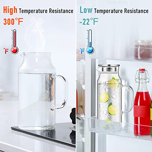 2 Pcs Glass Pitcher Water Pitcher with Lid Hot Cold Water Pitcher Bedside Water Carafe with Handle Heat Resistant Borosilicate Glass Jug for Fridge Beverage Carafe (68 oz,Stainless Steel)