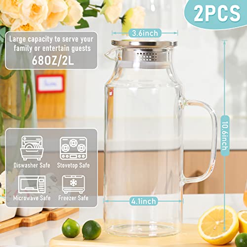 2 Pcs Glass Pitcher Water Pitcher with Lid Hot Cold Water Pitcher Bedside Water Carafe with Handle Heat Resistant Borosilicate Glass Jug for Fridge Beverage Carafe (68 oz,Stainless Steel)