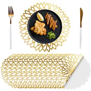 100 pack disposable gold metallic round paper place mats 13 inch laminated paper leaf dining table decoration pressed paper round table mates for dining table wedding home decoration (gold bloom)