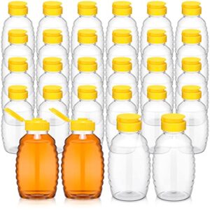 24 pcs clear plastic honey bottles plastic skep style jar honey squeeze bottle empty refillable honey dispenser with flip top lids leak proof honey containers holders for storing and dispensing (12oz)