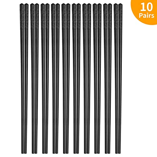 Kirecoo 10 Pairs Fiberglass Chopsticks Reusable, Non-Slip Chopsticks, Japanese Style Chopstick, Black Chop Sticks Pack Reusable Dishwasher Safe, 9 1/2 Inches