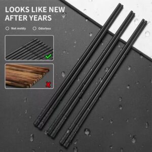 Kirecoo 10 Pairs Fiberglass Chopsticks Reusable, Non-Slip Chopsticks, Japanese Style Chopstick, Black Chop Sticks Pack Reusable Dishwasher Safe, 9 1/2 Inches