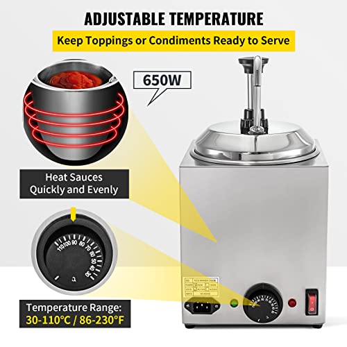 VEVOR Hot Cheese Pump, 2.6Qt Nacho Cheese Warmer with Pump, Stainless Steel Hot Fudge Warmer, 650W Hot Cheese Dispenser for Hot Fudge Cheese Caramel