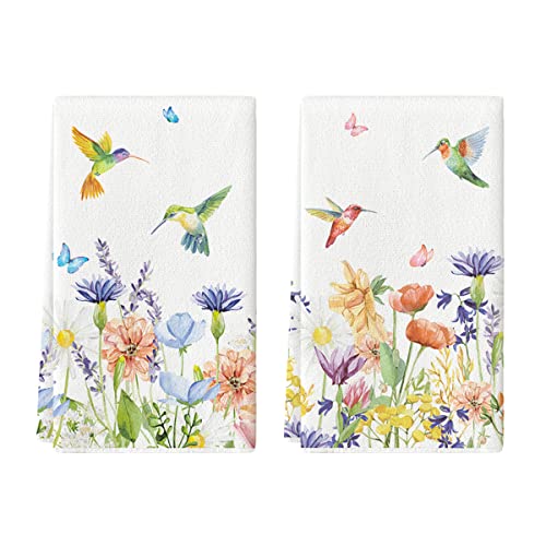 Artoid Mode Anemone Flower Hummingbird Kitchen Towels Dish Towels, 18x26 Inch Seasonal Spring Summer Wild Floral Holiday Decoration Hand Towels Set of 2