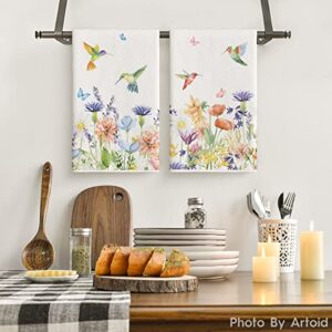 Artoid Mode Anemone Flower Hummingbird Kitchen Towels Dish Towels, 18x26 Inch Seasonal Spring Summer Wild Floral Holiday Decoration Hand Towels Set of 2