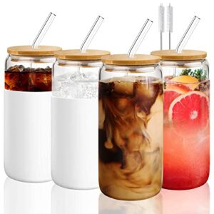 glass cups with bamboo lids and straws - 4 pc 16oz can shaped glass bottle with silicone sleeve - cute reusable drinking glass tumbler set for iced coffee, espresso, beer, smoothie and juices mhomeaid