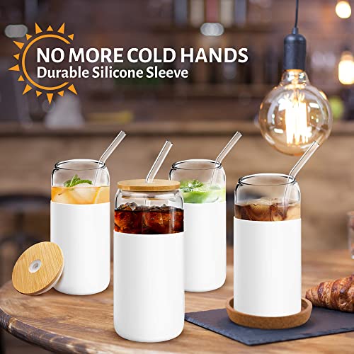 Glass Cups With Bamboo Lids and Straws - 4 pc 16oz can shaped glass bottle with silicone sleeve - Cute Reusable drinking glass tumbler set for iced coffee, espresso, beer, smoothie and juices mHomeAid