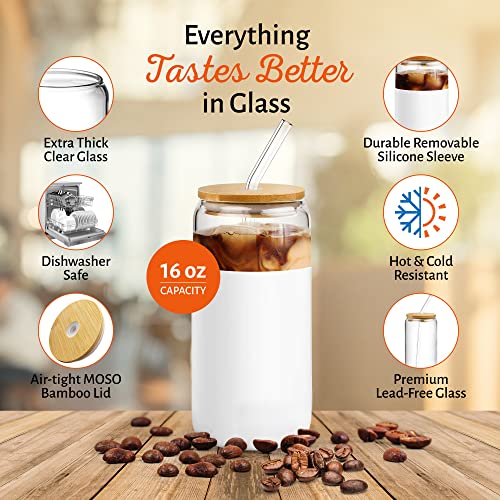 Glass Cups With Bamboo Lids and Straws - 4 pc 16oz can shaped glass bottle with silicone sleeve - Cute Reusable drinking glass tumbler set for iced coffee, espresso, beer, smoothie and juices mHomeAid