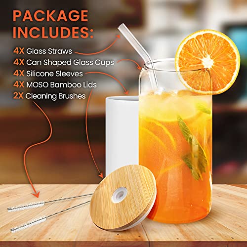 Glass Cups With Bamboo Lids and Straws - 4 pc 16oz can shaped glass bottle with silicone sleeve - Cute Reusable drinking glass tumbler set for iced coffee, espresso, beer, smoothie and juices mHomeAid