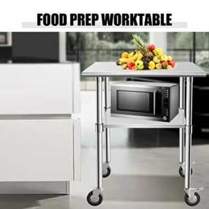 Hasopy Food Prep Stainless Steel Table 30" x 24", Heavy Duty Workbench with Adjustable Under Shelf, Commercial Worktable with 4 Casters for Commerical Kitchen, Restaurant, Home and Hotel