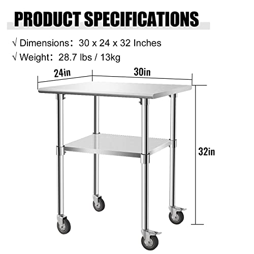 Hasopy Food Prep Stainless Steel Table 30" x 24", Heavy Duty Workbench with Adjustable Under Shelf, Commercial Worktable with 4 Casters for Commerical Kitchen, Restaurant, Home and Hotel