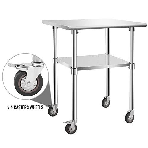 Hasopy Food Prep Stainless Steel Table 30" x 24", Heavy Duty Workbench with Adjustable Under Shelf, Commercial Worktable with 4 Casters for Commerical Kitchen, Restaurant, Home and Hotel