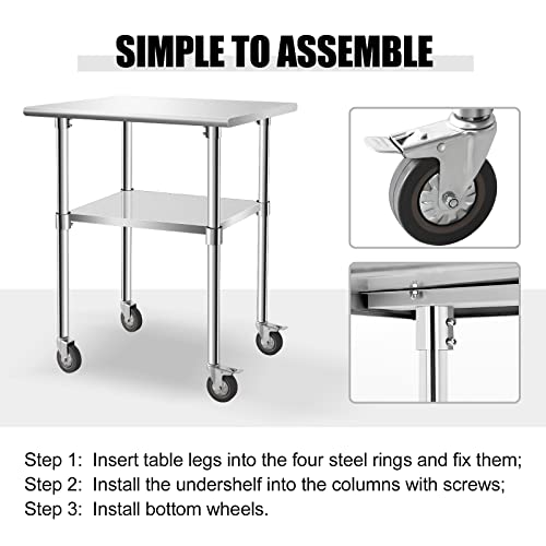 Hasopy Food Prep Stainless Steel Table 30" x 24", Heavy Duty Workbench with Adjustable Under Shelf, Commercial Worktable with 4 Casters for Commerical Kitchen, Restaurant, Home and Hotel