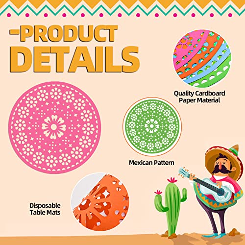 32 Pieces Fiesta Paper Place Mats 14" Mexican Papel Picado Cinco De Mayo Disposable Placemat Round Paper Doilies Cutouts for Mexican Party Supplies Tableware Decoration