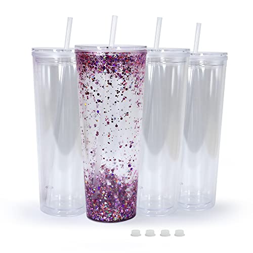 AGH 24oz Acrylic Double Wall Insulated Tumblers(4Pack), Transparent Drilled Plastic Double Wall Tumblers with Straw & Hole Stopper, Acrylic Snow Globe Tumbler