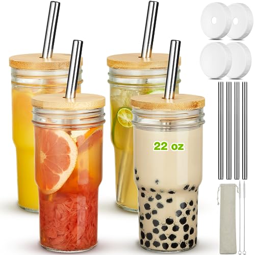 4 Pack Glass Cups with Bamboo Lids and Straws (USA MADE), 22 oz Glass Tumbler with Straw and Lid, Reusable Boba Cup Smoothie Cup Iced Coffee Cup Wide Mouth Mason Jar Cups Drinking Glasses for Bubble