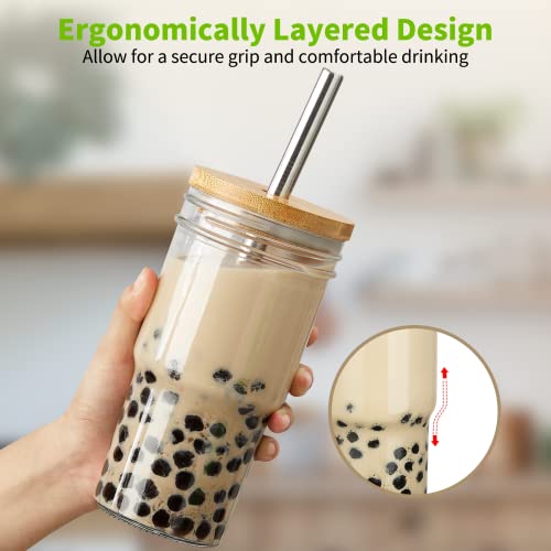4 Pack Glass Cups with Bamboo Lids and Straws (USA MADE), 22 oz Glass Tumbler with Straw and Lid, Reusable Boba Cup Smoothie Cup Iced Coffee Cup Wide Mouth Mason Jar Cups Drinking Glasses for Bubble