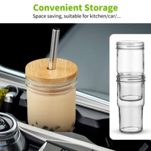 4 Pack Glass Cups with Bamboo Lids and Straws (USA MADE), 22 oz Glass Tumbler with Straw and Lid, Reusable Boba Cup Smoothie Cup Iced Coffee Cup Wide Mouth Mason Jar Cups Drinking Glasses for Bubble