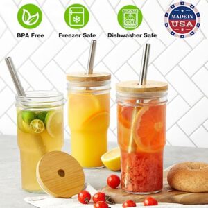 4 Pack Glass Cups with Bamboo Lids and Straws (USA MADE), 22 oz Glass Tumbler with Straw and Lid, Reusable Boba Cup Smoothie Cup Iced Coffee Cup Wide Mouth Mason Jar Cups Drinking Glasses for Bubble