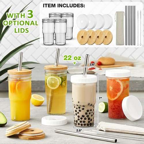 4 Pack Glass Cups with Bamboo Lids and Straws (USA MADE), 22 oz Glass Tumbler with Straw and Lid, Reusable Boba Cup Smoothie Cup Iced Coffee Cup Wide Mouth Mason Jar Cups Drinking Glasses for Bubble