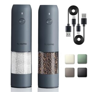 electric salt and pepper grinder set with usb rechargeable, automatic one hand operation with adjustable coarseness, pepper mill grinder refillable with led light, kitchen gadgets (2 packs, blue-grey)