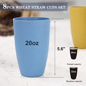 Homienly Wheat Straw Cups 8 PCS Plastic Cups Unbreakable Drinking Cup Reusable Dishwasher Safe Water Glasses with 4 Colors (20 OZ)