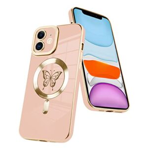 fiyart magnetic case for iphone 11 compatible with magsafe wireless charging,cute butterfly phone case with camera lens screen protector for women girls men for iphone 11 6.1"- pink