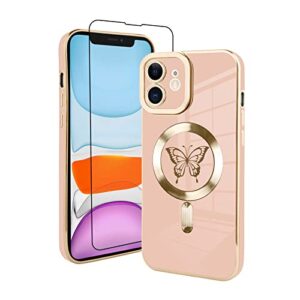 Fiyart Magnetic Case for iPhone 11 Compatible with MagSafe Wireless Charging,Cute Butterfly Phone Case with Camera Lens Screen Protector for Women Girls Men for iPhone 11 6.1"- Pink