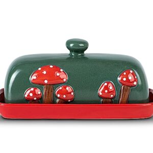 Mushroom Butter Dish With Lid For Countertop Ceramic Butterdish Red Butter Container Butter Tray Large Butter Dish Covered Butter Dish