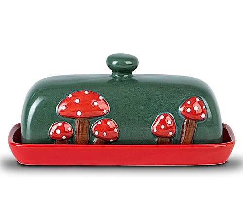 Mushroom Butter Dish With Lid For Countertop Ceramic Butterdish Red Butter Container Butter Tray Large Butter Dish Covered Butter Dish