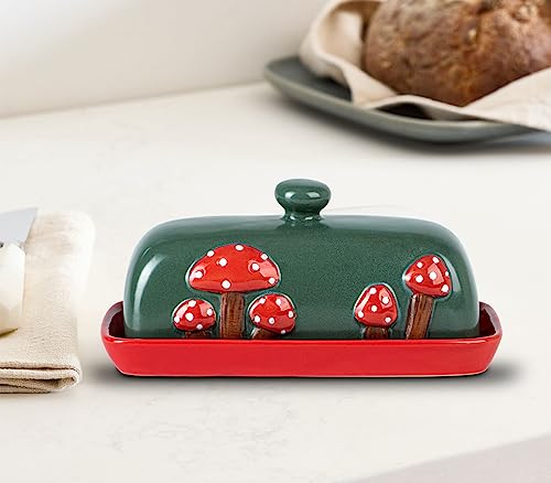 Mushroom Butter Dish With Lid For Countertop Ceramic Butterdish Red Butter Container Butter Tray Large Butter Dish Covered Butter Dish