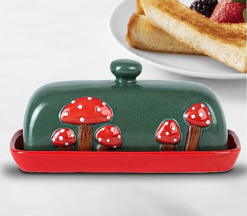 Mushroom Butter Dish With Lid For Countertop Ceramic Butterdish Red Butter Container Butter Tray Large Butter Dish Covered Butter Dish