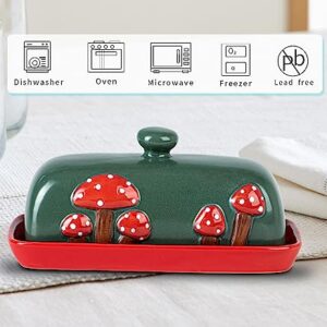 Mushroom Butter Dish With Lid For Countertop Ceramic Butterdish Red Butter Container Butter Tray Large Butter Dish Covered Butter Dish