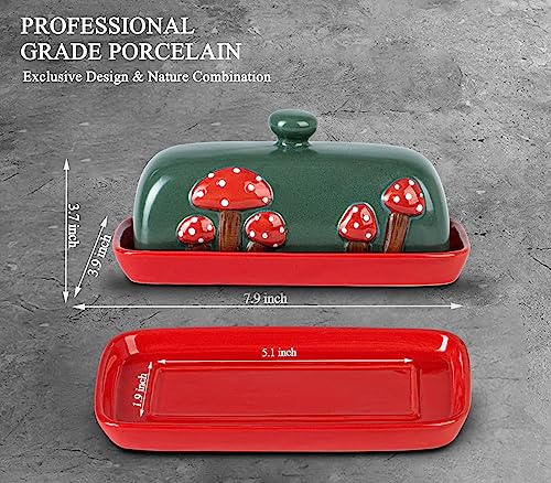 Mushroom Butter Dish With Lid For Countertop Ceramic Butterdish Red Butter Container Butter Tray Large Butter Dish Covered Butter Dish