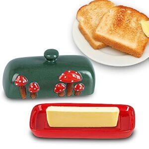 Mushroom Butter Dish With Lid For Countertop Ceramic Butterdish Red Butter Container Butter Tray Large Butter Dish Covered Butter Dish