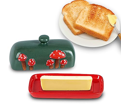 Mushroom Butter Dish With Lid For Countertop Ceramic Butterdish Red Butter Container Butter Tray Large Butter Dish Covered Butter Dish