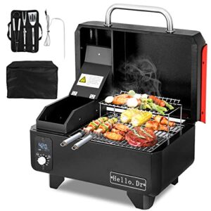 hello.dr portable wood pellet grill and smoker,electric outdoor 8 in 1 tabletop grills for rv camping tailgating rv cooking bbq, intelligent temperature control and superheated steam technology