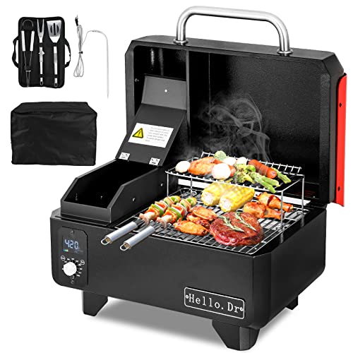 Hello.Dr Portable Wood Pellet Grill and Smoker,Electric Outdoor 8 in 1 Tabletop Grills for RV Camping Tailgating RV Cooking BBQ, Intelligent Temperature Control and Superheated Steam Technology