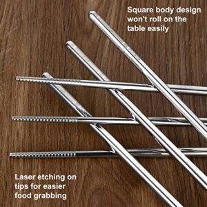 YTLX 5 Pairs Premium Stainless Steel Metal Chopsticks, Reusable Silver Chopsticks Dishwasher Safe, Square Lightweight Non-Slip Chop Sticks Easy to Use for Home Kitchen Hotel Restaurant