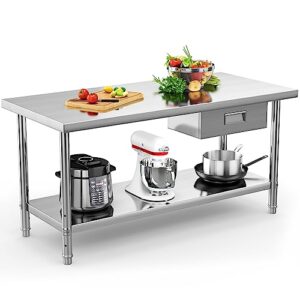 yitahome stainless steel table with drawer, 60" x 24" work table with drawer, metal table prep table for home kitchen restaurant garage warehouse