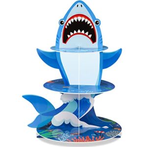 3 tier shark party cupcake stand decorations under the sea shark theme cupcake holder ocean animal shark dessert tower for kids shark sea theme party baby shower fishing birthday party favor supplies